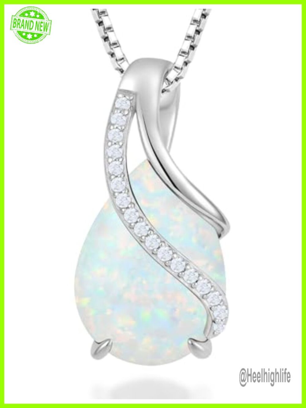 Sterling Silver Teardrop Birthstone Necklace with Created White Opal